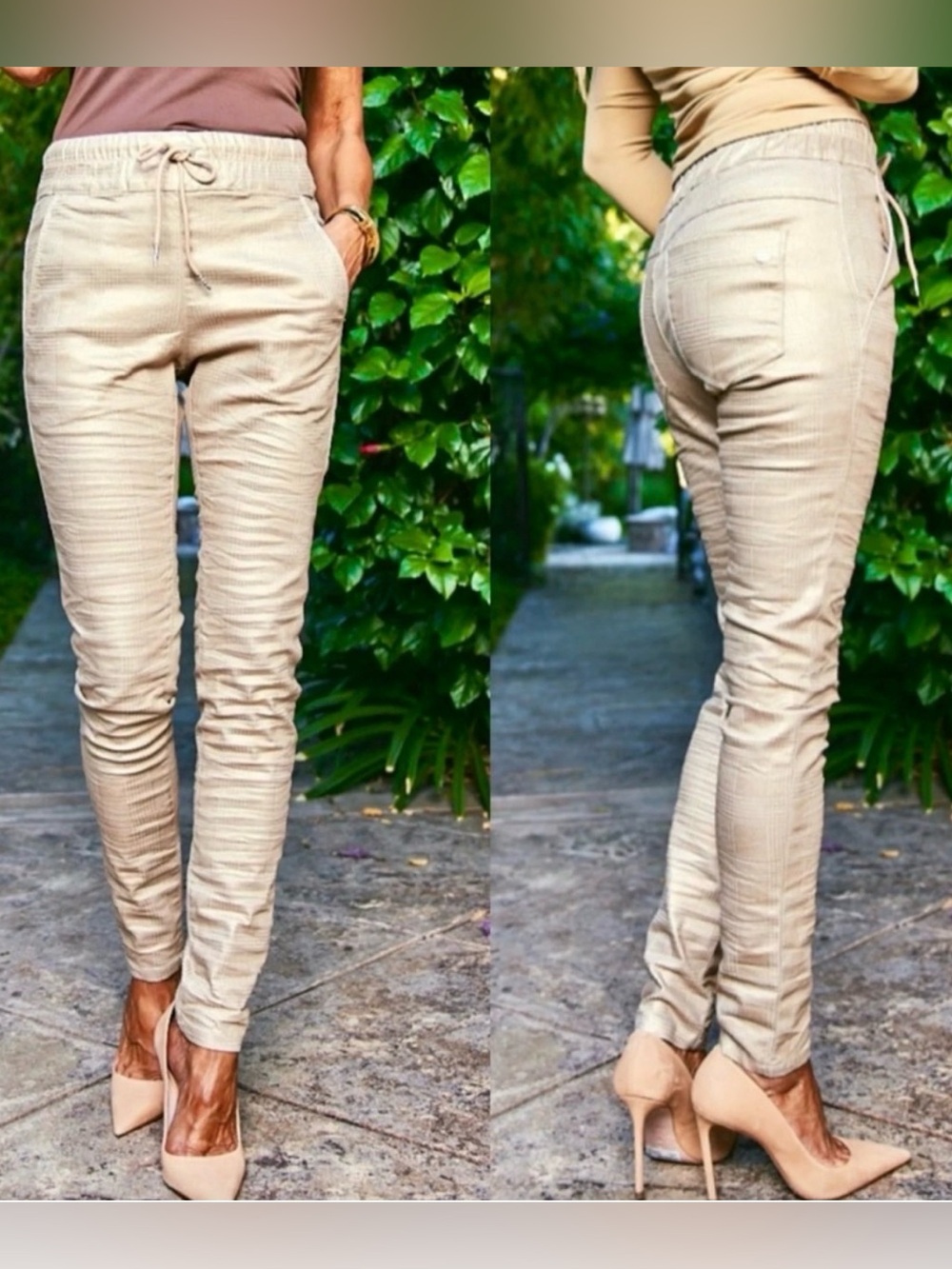 Bevy Flog Shely Beige Gold Original Drawstring Pants Metallic Grid Check size 29